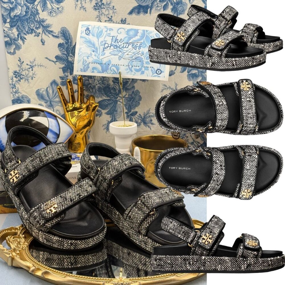 🆕 TORY BURCH 🧿 NWOB Kira Sport Sandal, Black Ivory Multi Tweed Dad Sandal Sz 7